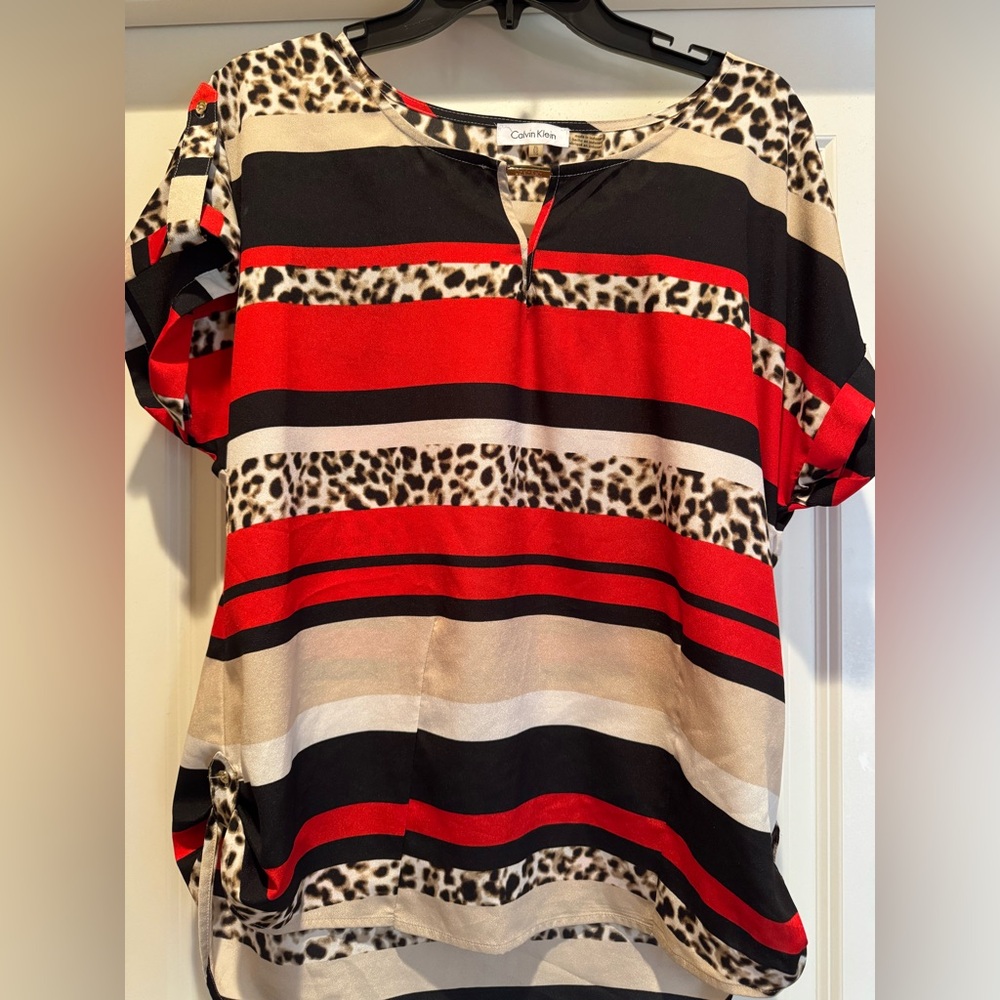 Calvin Klein Women's Red and Black Striped Leopard Blouse Size XL